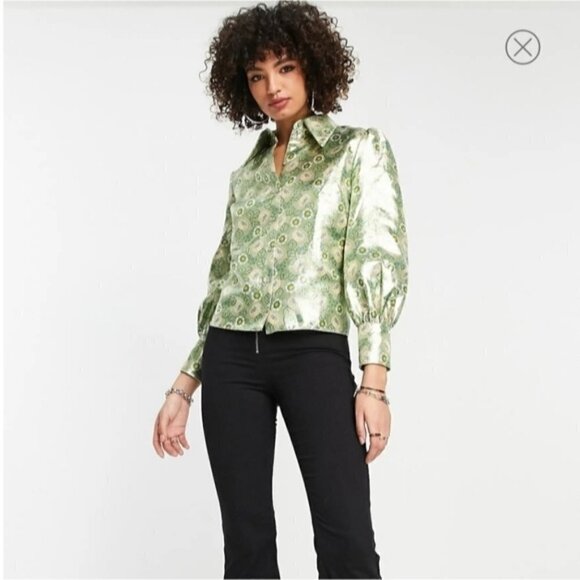 NWOT Topshop Metallic Green Floral Women 2 Button Up 70's Vibes Retro Shirt - Picture 1 of 12